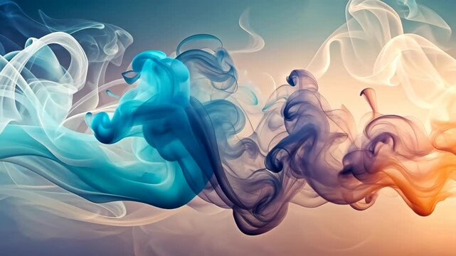 Colorful smoke plumes gracefully intertwine and swirl in a captivating abstract dance of fluidity and ethereal beauty.