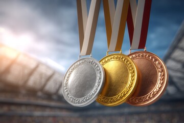 Award ceremony concept with medals displayed on a silk-lined presentation box, spotlights creating dramatic shadows