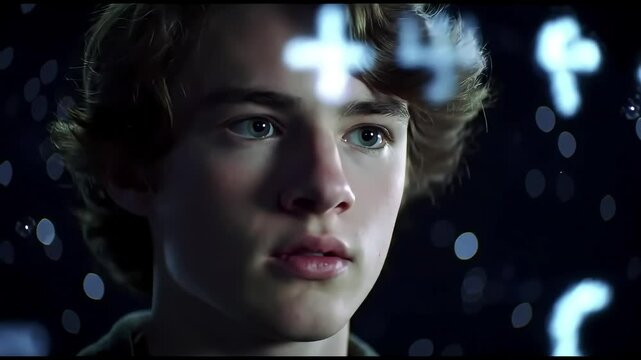 Curious teenage boy studying alien languages on a holographic interface, surrounded by glowing symbols and starlight.