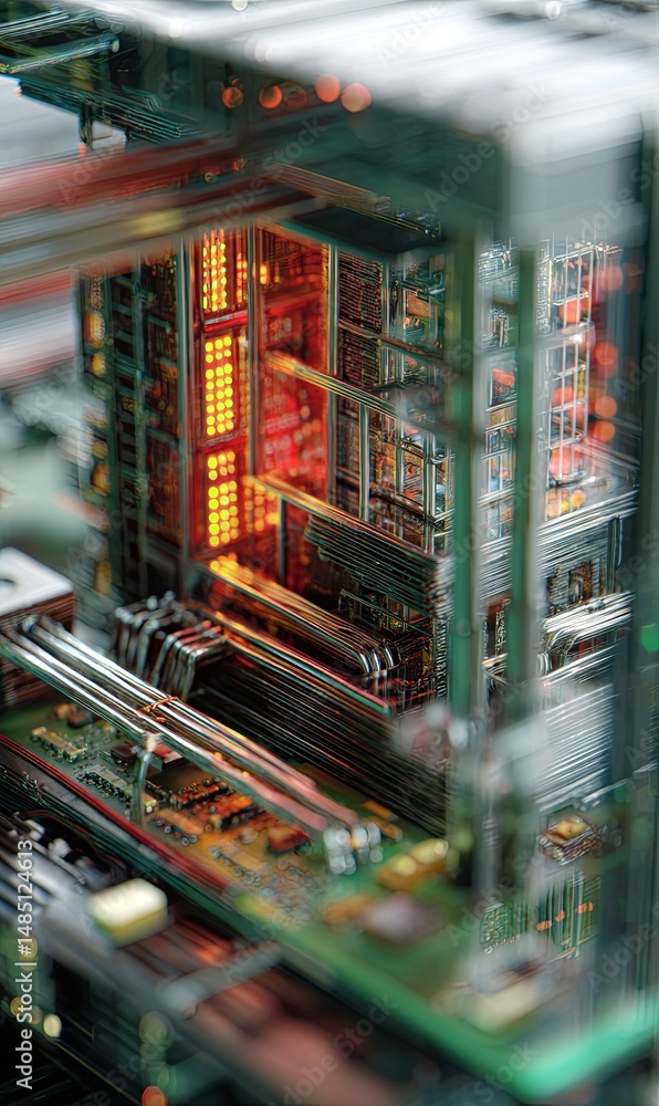 Poster intricate circuitry with illuminated elements inside a computer case