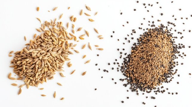 Close-up of cumin and mustard seeds on white background