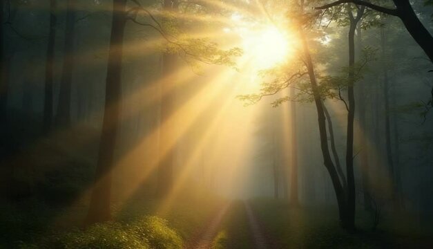 sun light in the fairy foggy forest