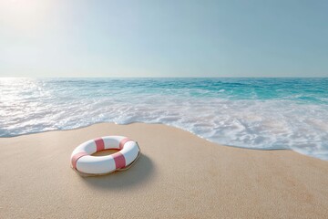 Obraz premium White and red lifebuoy on sandy beach with ocean waves under clear blue sky
