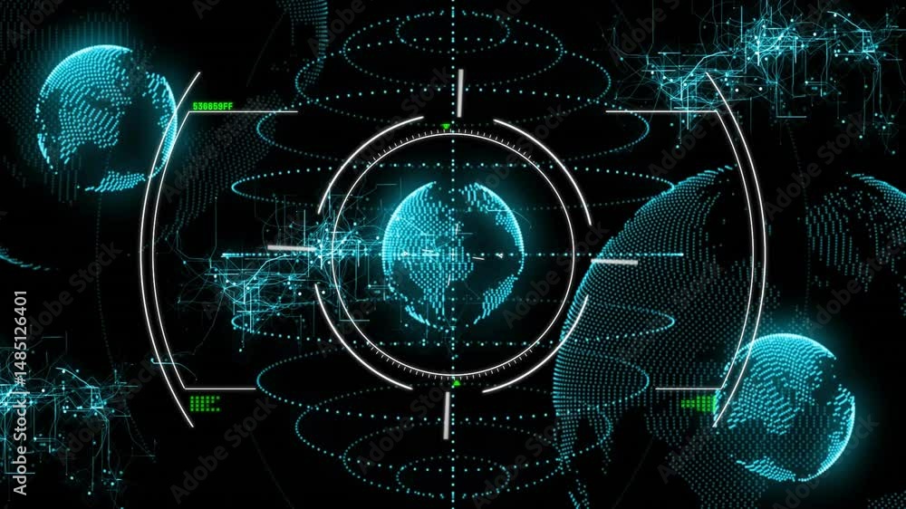 Poster futuristic interface displaying holographic globe with reticle and glitch bars in 3d render