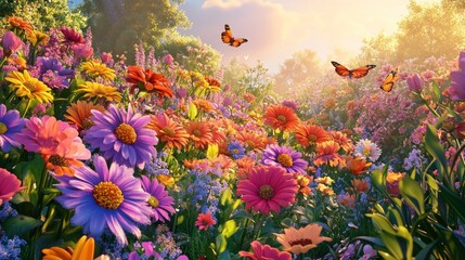 Sunlit wildflower meadow with butterflies vibrant floral nature scene