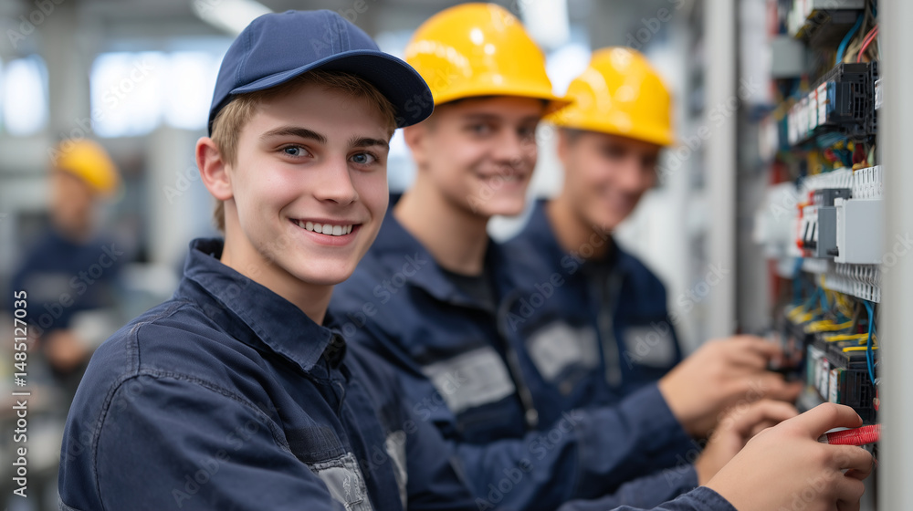 Poster group of apprentice electricians testing connections on a wiring panel, cheerful expressions reflect