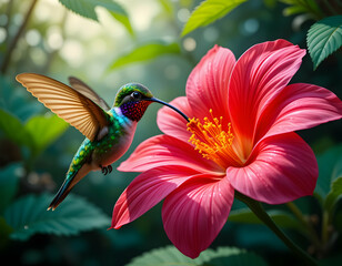 Hummingbird Feeding on Vibrant Red Flower in Garden Setting