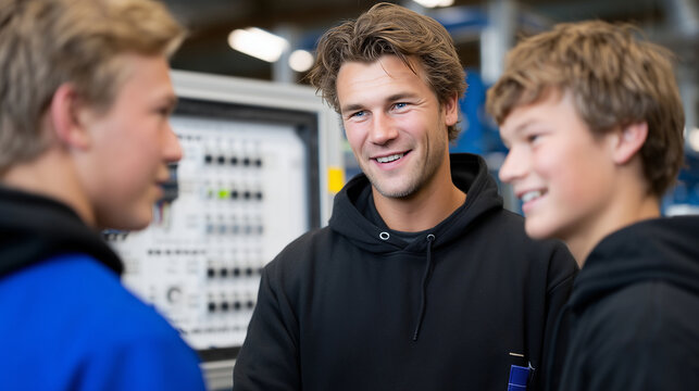 Animated discussion among young electrician students around a training board with LED indicators, learning with joy and enthusiasm