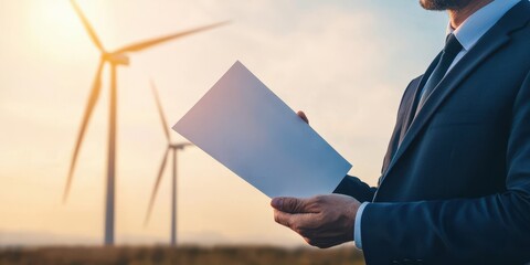 Businessman holding carbon credit certificate at wind farm nature environment professional viewpoint eco-friendly concept