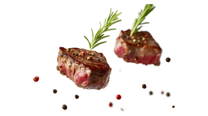  Juicy beef steaks, medium rare, flying in the air, rosemary isolated on a white background