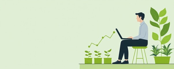 Fototapeta premium Growing plants while working on a laptop home office digital cozy environment side view productivity concept