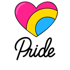 Vector illustration of a heart in pansexual pride colors with the word Pride in a stylish script font, ideal for LGBTQ+ themed designs and celebrations.