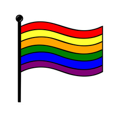 Vibrant vector illustration of a waving rainbow flag on a pole, featuring bold outlines and distinct color separation for a striking graphic design element.
