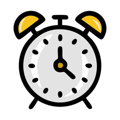 A vector illustration of a simplified alarm clock design, featuring bold black outlines, light grey face, and bright yellow bell tops, conveying a sense of minimalist timekeeping.