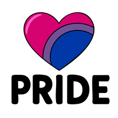 This vector illustration features a bold, stylized heart incorporating the bisexual pride flag colors, accompanied by the word PRIDE in a strong, black sans-serif font, creating a vibrant and imp...