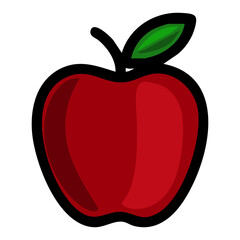 A vibrant vector illustration of a stylized red apple with a bold black outline and a crisp green leaf, ideal for educational designs or healthy lifestyle branding.