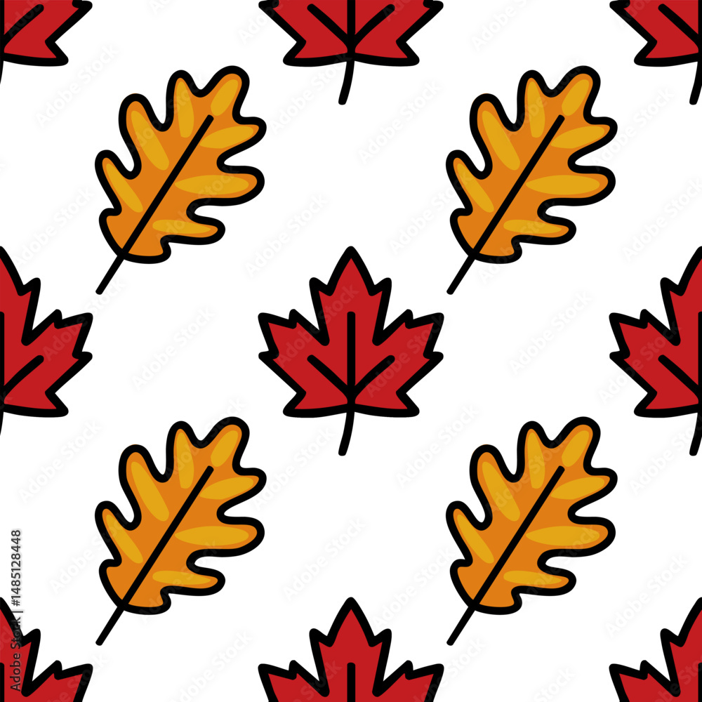 Poster seamless vector pattern of autumn leaves: vibrant red maple and golden oak leaves on a white backgro