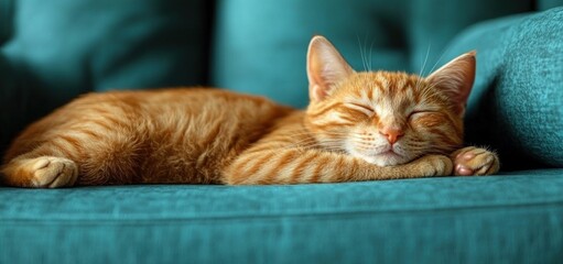 Fototapeta na wymiar Peaceful Ginger Kitten Napping on Teal Sofa