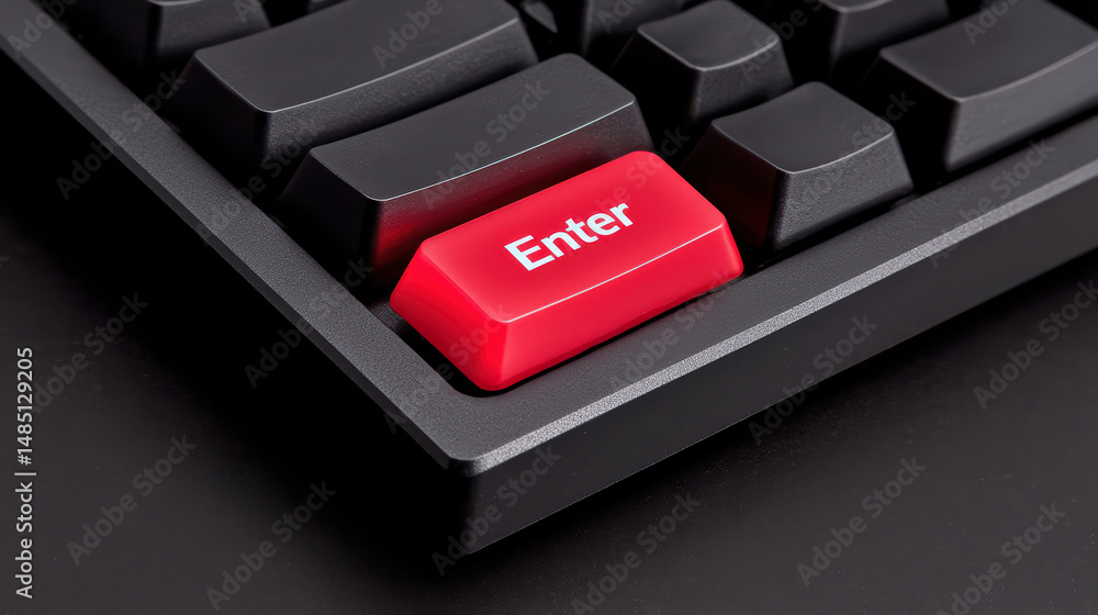Aufkleber a black keyboard with a standout red enter key is shown in close-up on a dark surface.