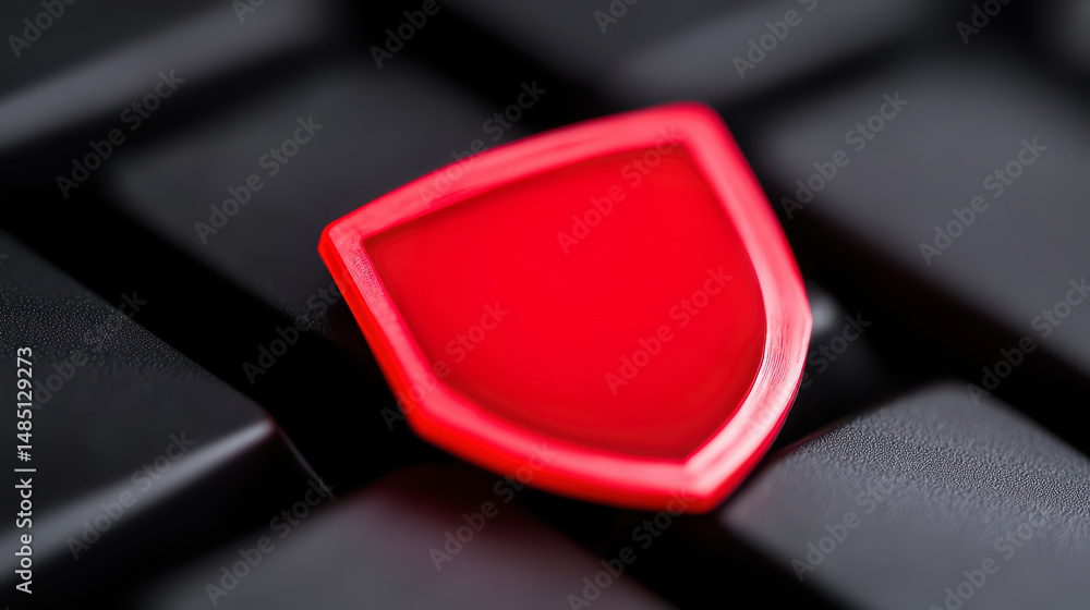 Poster a red shield-shaped symbol sits on a black computer keyboard, representing digital security and prot