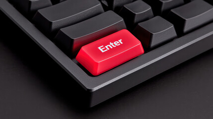 A black keyboard with a standout red Enter key is shown in close-up on a dark surface.