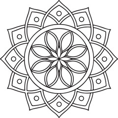 Floral Mandala Outline for Coloring Book – Black and White Symmetrical Design
