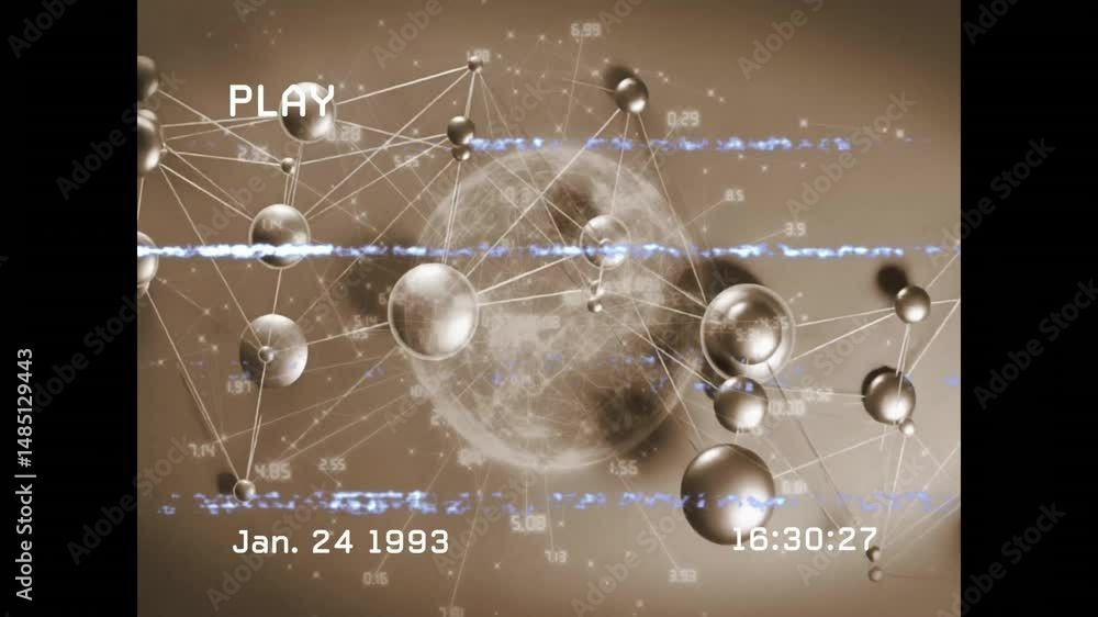 Poster abstract network of metallic spheres floating and connecting with numerical labels in sepia 3d art