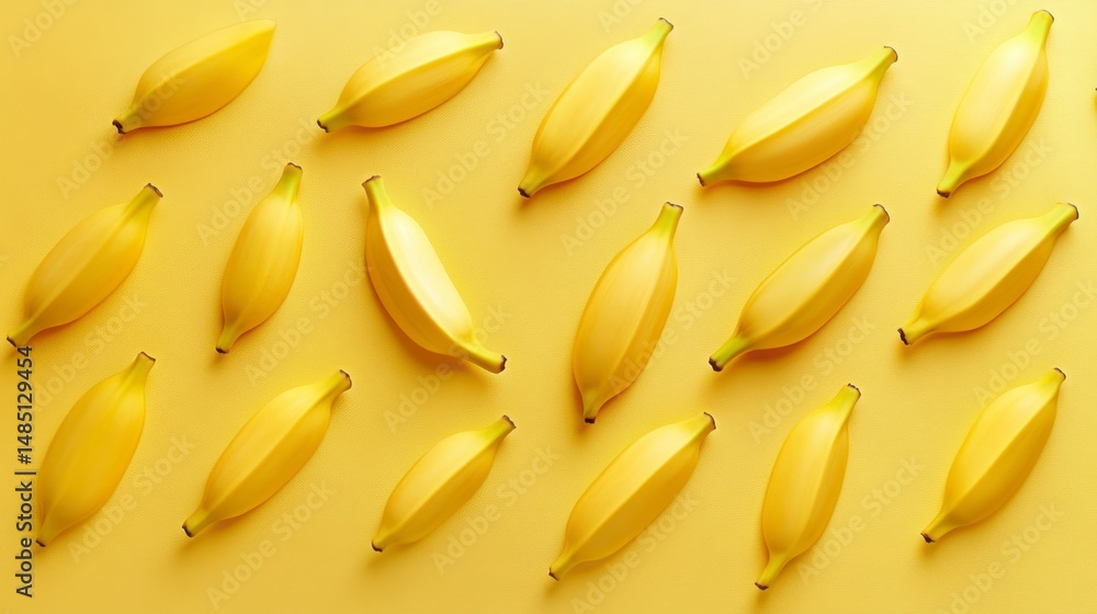 Poster flat lay of ripe yellow bananas arranged in a repeating pattern on a yellow background.