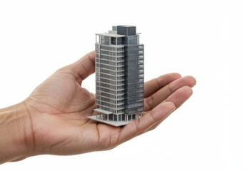 a hand holding a miniature model of a building