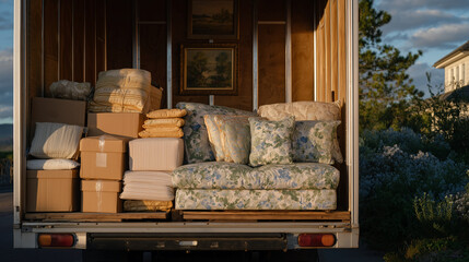 Golden hour light reflects off the chrome edges of the open moving truck, packed with color-coded household boxes and soft furnishings bound for their new home
