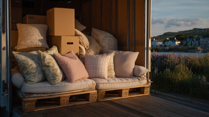 Golden hour light reflects off the chrome edges of the open moving truck, packed with color-coded household boxes and soft furnishings bound for their new home