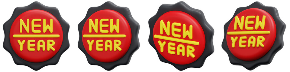 Set of Red and Yellow New Year Badges 3d Render Icon Illustration