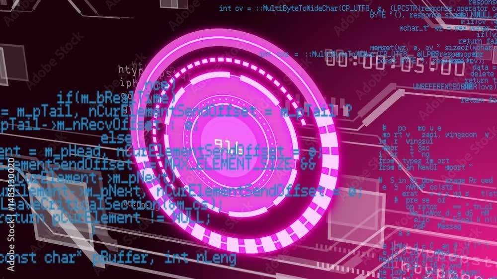 Poster animated flat design glowing magenta circular interface spinning while teal code snippets floating