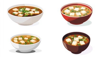 Four bowls of miso soup, featuring tofu and green onions