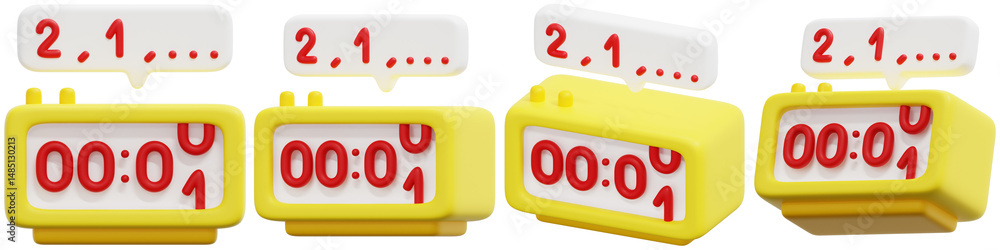 Poster set of yellow digital clocks show countdown with red numbers and speech bubbles 3d render icon illus