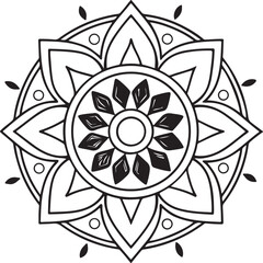 Floral Mandala Outline for Coloring Book – Black and White Symmetrical Design