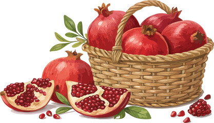 Pomegranate in wicker basket in white background vector design, Pomegranate Illustration vector design