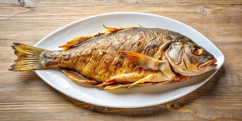 Crispy baked fish on a plate with golden brown skin and juicy interior, dinner, baked,  dinner