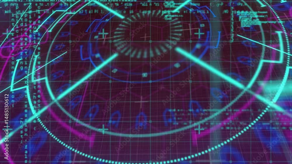 Poster neon cyan round gauge rotating with arrows over magenta grid background, blue data streams flowing