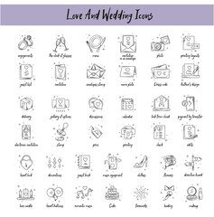 Set of whimsical hand-drawn wedding ceremony food and drink illustartion in trendy vintage style. Perfect for quirky wedding holiday, dinner and bar menu, bachelorette party, birthday invitation, sign