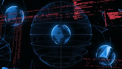 Central holographic sphere floating in digital void, showing concentric data points and red code