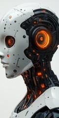 Closeup View of Futuristic Female Robot Head and Torso Against White Background