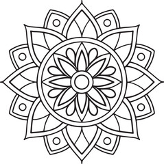 Floral Mandala Outline for Coloring Book – Black and White Symmetrical Design