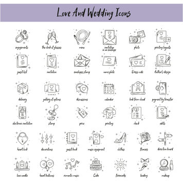 Set of whimsical hand-drawn wedding ceremony food and drink illustartion in trendy vintage style. Perfect for quirky wedding holiday, dinner and bar menu, bachelorette party, birthday invitation, sign