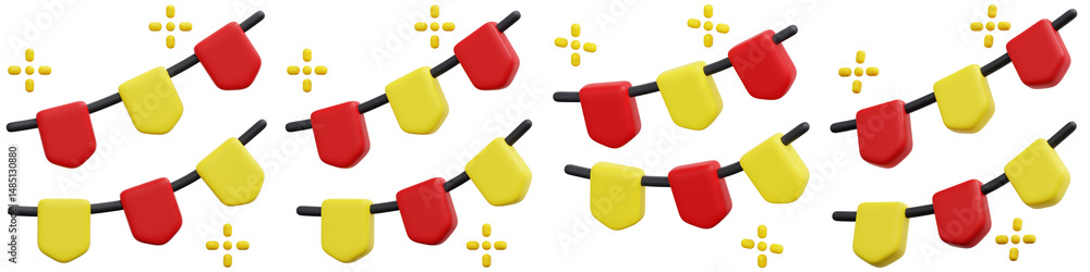 Poster set of red and yellow string lights 3d render icon illustration