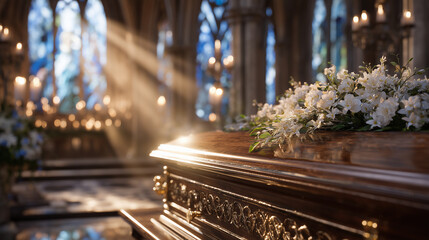 Golden beams of light filter through tall cathedral windows, illuminating a mahogany coffin with intricate carvings and a delicate spray of orchids, while veiled mourners remain ou