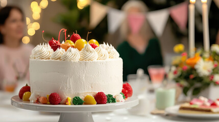 Beautiful retirement party cake adorned with fresh fruits and cream, surrounded by festive decorations and joyful guests