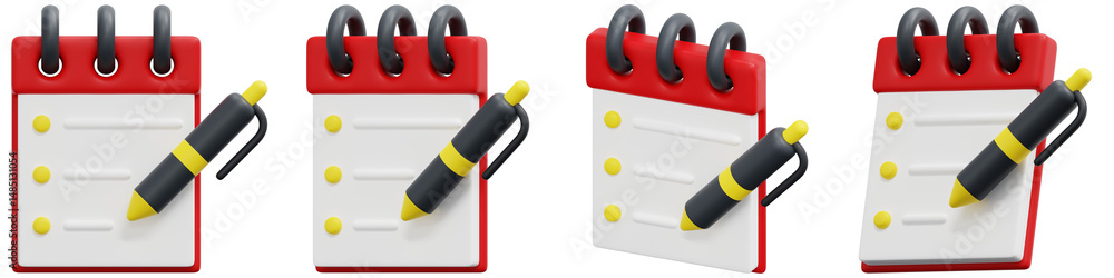 Poster set of red notepad with checklist and pen 3d render icon illustration