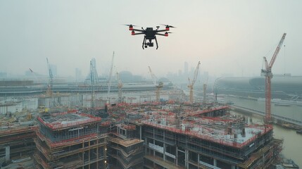 Fototapeta premium Drone-mounted camera capturing live feed of smart city construction for analysis