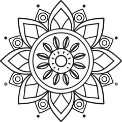 Floral Mandala Outline for Coloring Book – Black and White Symmetrical Design